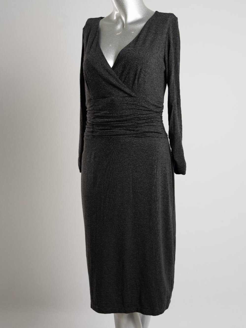 V-Neck Mock Wrap Dress in Charcoal